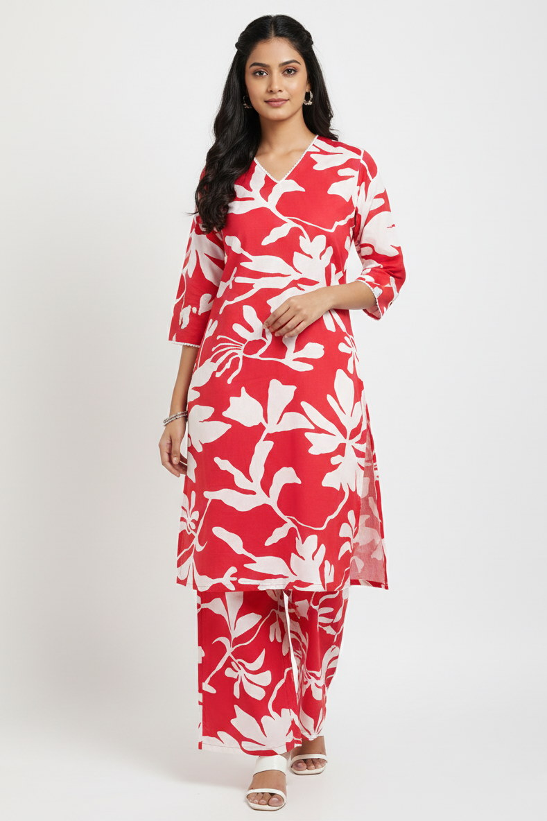 Ladies Red Floral V-Neck Coord set and Matching Plazo-CR-251228643