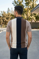 Men Coffee Brown Retro Vertical Striped Knit Polo T-Shirt - Slim Fit 261040580