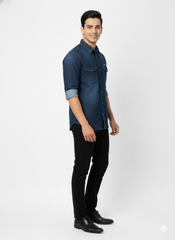 Men's Casual Plain Denim Shirts in Dark Blue