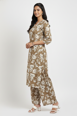 Ladies Floral Print Coord Set with| Brown colour-CR-251227693