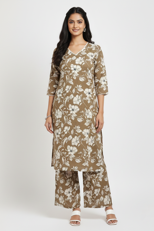 Ladies Floral Print Coord Set with| Brown colour-CR-251227693