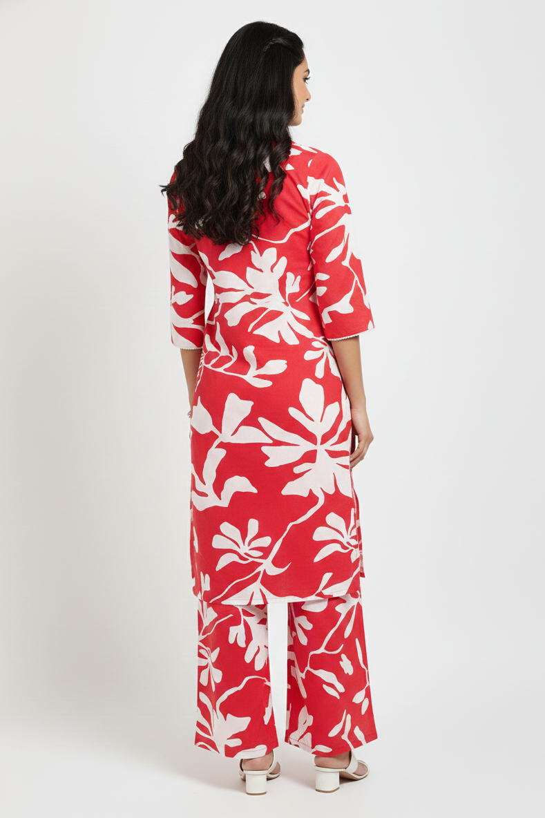 Women Red Floral V-Neck Coord set and Matching Plazo 251228643