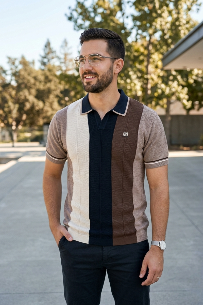Men Coffee Brown Retro Vertical Striped Knit Polo T-Shirt - Slim Fit 261040580