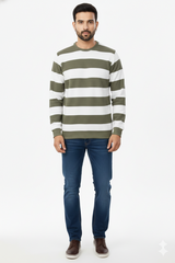 Men Olive-White Horizontal Striped Crew Neck T-Shirt 251170711