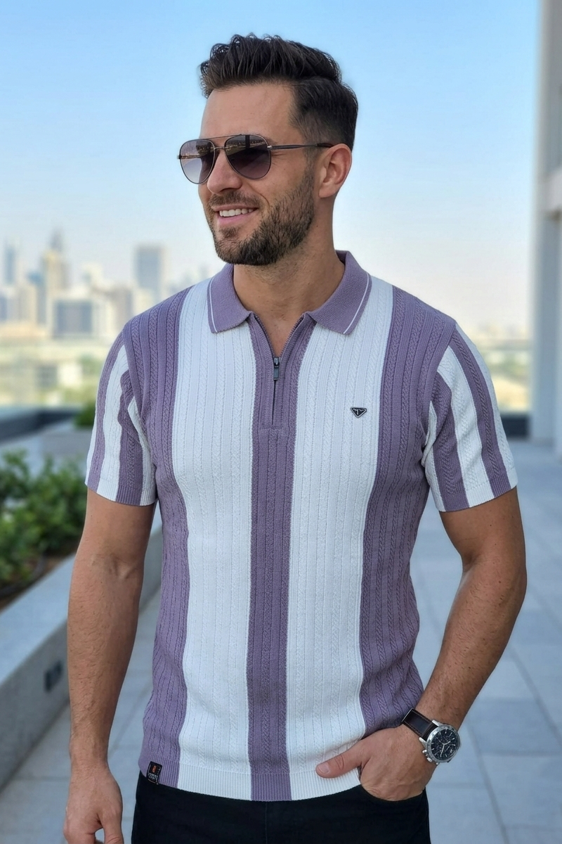 Men Lavender & White Vertical Stripe Knit Polo Shirt - Quarter-Zip Style 261040579