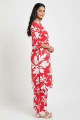 Ladies Red Floral V-Neck Coord set and Matching Plazo-CR-251228643