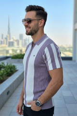 Men Lavender & White Vertical Stripe Knit Polo Shirt - Quarter-Zip Style 261040579