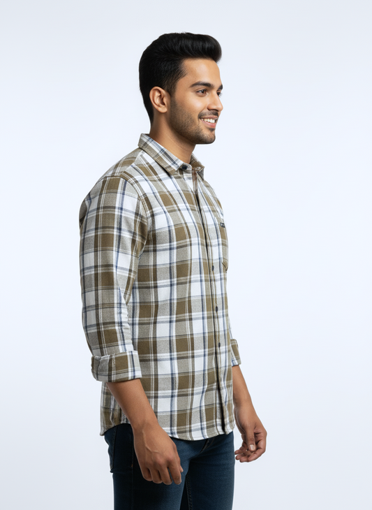 Men's Casual Check Shirt in Olive Color