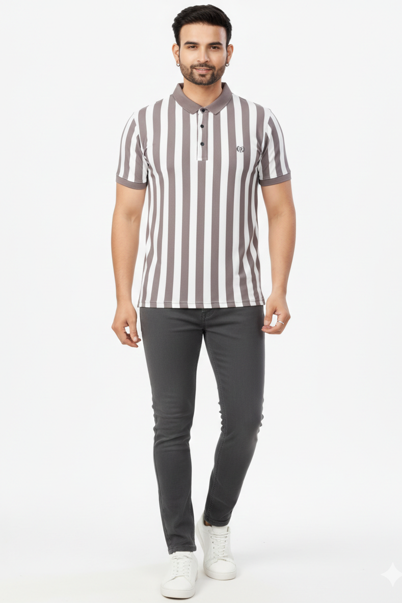 Men Striped Polo T-Shirt- Beige-White Slim Fit Polo 251181246