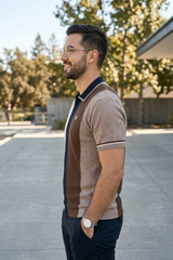 Men Coffee Brown Retro Vertical Striped Knit Polo T-Shirt - Slim Fit 261040580