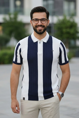 Men Peacock Blue & White Vertical Stripe Knit Polo Shirt - Quarter-Zip Style 261040579