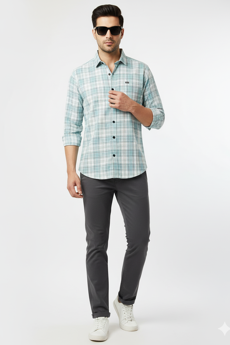 Men's Casual Check Shirt in Pista Color 15916