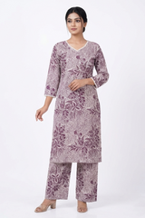 Ladies Wine & Mauve Floral Print Coord Set with Wide-Plazo-CR-251227711