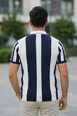 Men Peacock Blue & White Vertical Stripe Knit Polo Shirt - Quarter-Zip Style 261040579