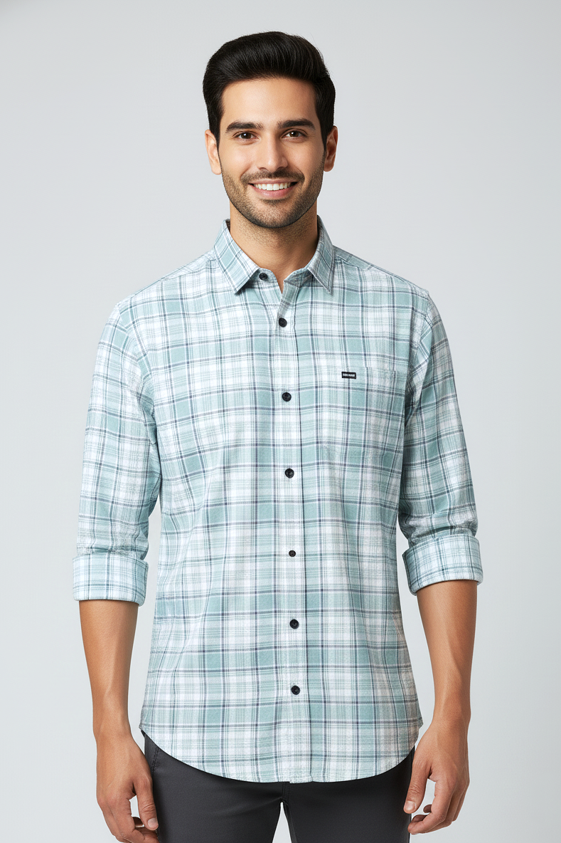 Men's Casual Check Shirt in Pista Color 15916