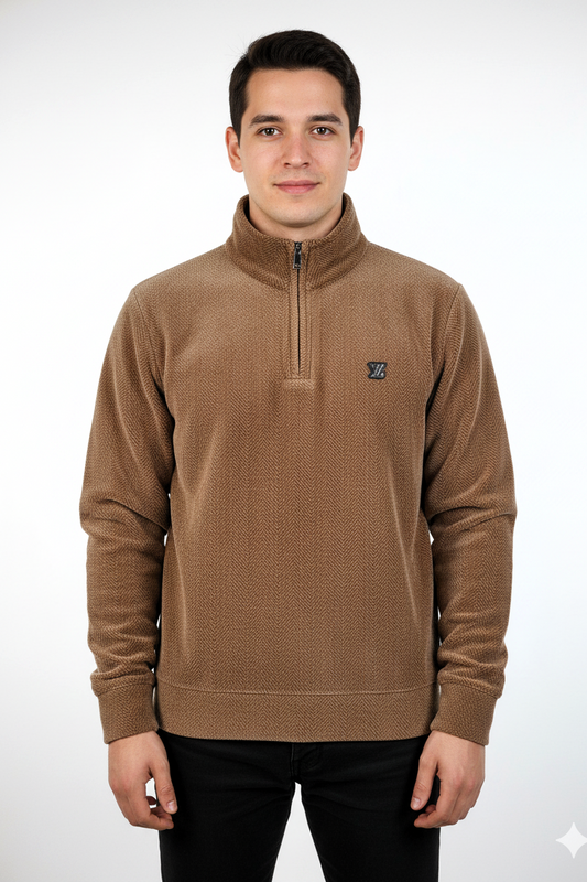 Men's Brown Quarter-Zip Textured Sweatshirt - Stylish & Comfortable
