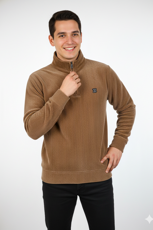 Men's Brown Quarter-Zip Textured Sweatshirt - Stylish & Comfortable