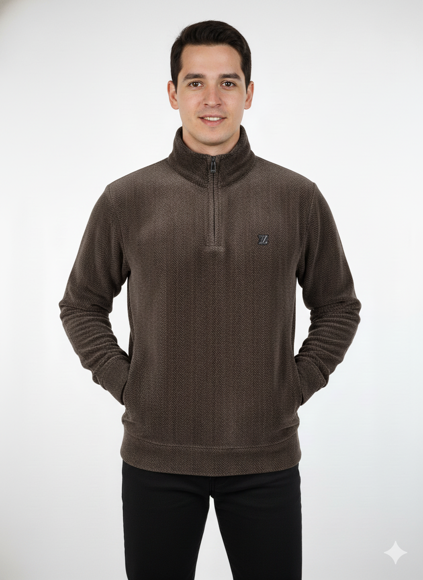 Men's Coffee Quarter-Zip Textured Sweatshirt - Stylish & Comfortable