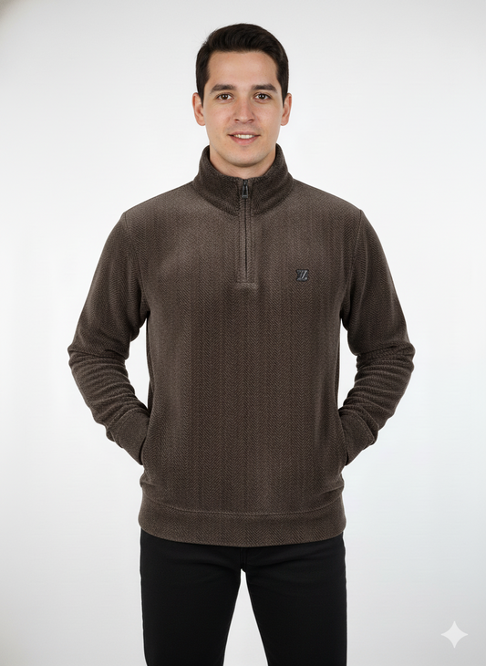 Men's Coffee Quarter-Zip Textured Sweatshirt - Stylish & Comfortable