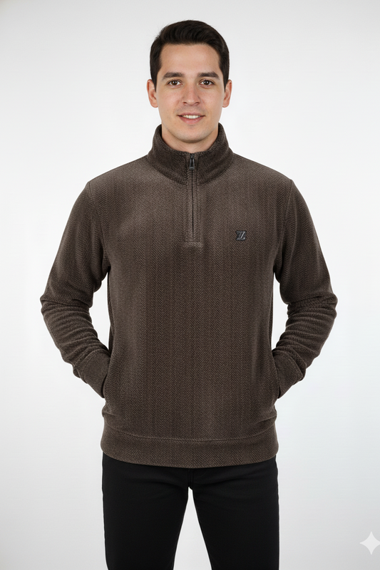 Men's Coffee Quarter-Zip Textured Sweatshirt - Stylish & Comfortable