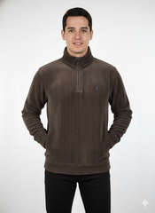 Men's Coffee Quarter-Zip Textured Sweatshirt - Stylish & Comfortable