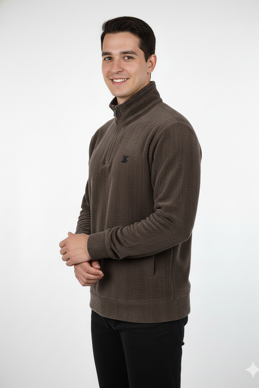Men's Coffee Quarter-Zip Textured Sweatshirt - Stylish & Comfortable