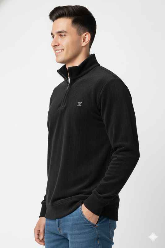 Men's Black Quarter-Zip Textured Sweatshirt - Stylish & Comfortable