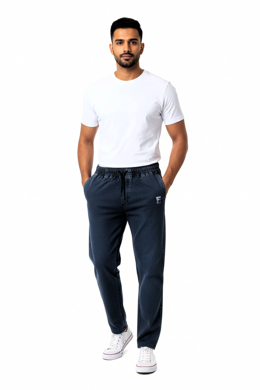 Stylish & Stretchable Denim Trackpant for Men – Navy Blue with Drawstring Waist