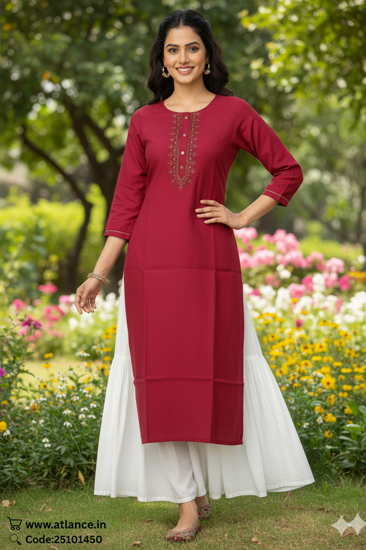 Maroon Embroidered Rayon Straight Kurta for Women