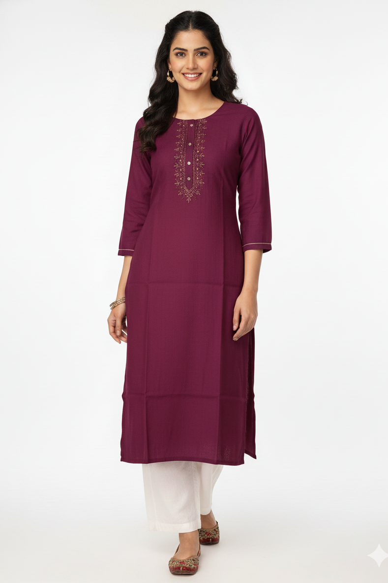 Women Purple Embroidered Straight Kurti 251140122 251140324