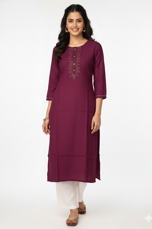 Women Purple Embroidered Straight Kurti 251140122