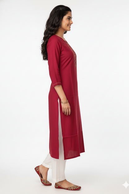 Women Maroon Embroidered Straight Kurti 251140071