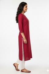 Women Maroon Embroidered Straight Kurti 251140071