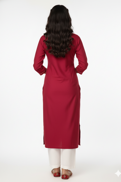 Women Maroon Embroidered Straight Kurti 251140071
