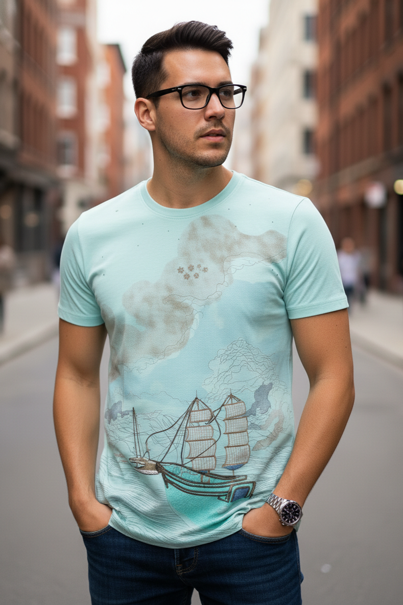 Men Printed Mint Green T-Shirt - Nautical Graphic |261040666
