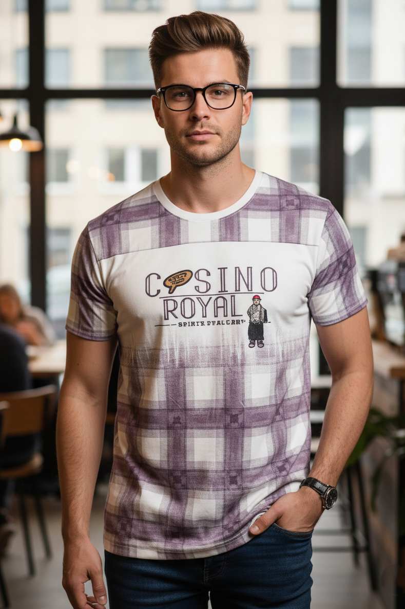 Men Printed T-Shirt - Lavender Plaid Casino Royal Graphic 261040687