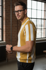 Men Mustard & White Vertical Stripe Knit Polo Shirt - Quarter-Zip Style 261040579