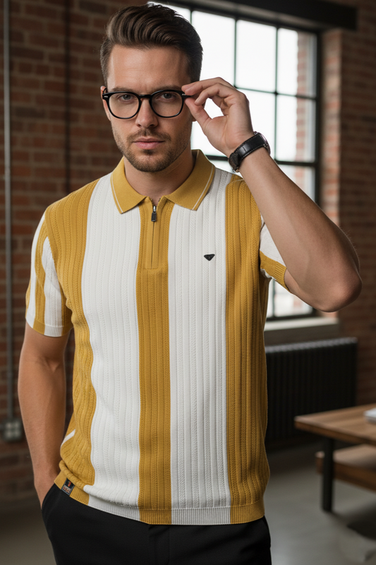Men Mustard & White Vertical Stripe Knit Polo Shirt - Quarter-Zip Style 261040579