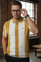 Men Mustard & White Vertical Stripe Knit Polo Shirt - Quarter-Zip Style 261040579