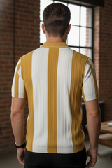 Men Mustard & White Vertical Stripe Knit Polo Shirt - Quarter-Zip Style 261040579