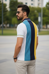 Men Yellow Retro Vertical Striped Knit Polo T-Shirt - Slim Fit 261040580