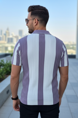 Men Lavender & White Vertical Stripe Knit Polo Shirt - Quarter-Zip Style 261040579