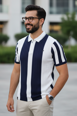 Men Peacock Blue & White Vertical Stripe Knit Polo Shirt - Quarter-Zip Style 261040579