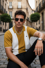 Men Casual Mustard Striped Knit Polo T-Shirt- Effortless Everyday Style 261040637