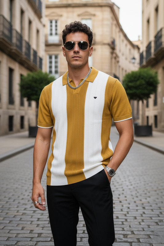 Men Casual Mustard Striped Knit Polo T-Shirt- Effortless Everyday Style 261040637
