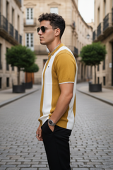 Men Casual Mustard Striped Knit Polo T-Shirt- Effortless Everyday Style 261040637