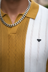 Men Casual Mustard Striped Knit Polo T-Shirt- Effortless Everyday Style 261040637