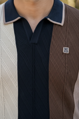 Men Coffee Brown Retro Vertical Striped Knit Polo T-Shirt - Slim Fit 261040580