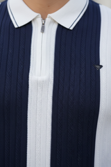 Men Peacock Blue & White Vertical Stripe Knit Polo Shirt - Quarter-Zip Style 261040579