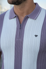 Men Lavender & White Vertical Stripe Knit Polo Shirt - Quarter-Zip Style 261040579